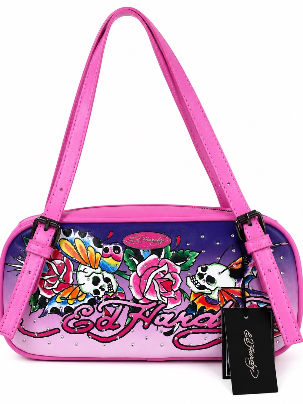 Ed Hardy Pink and Purple Tattoo-Print Shoulder Bag with Floral Skulls